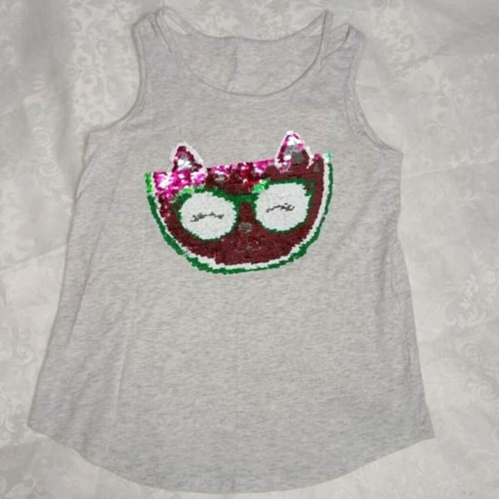Place Girls Flip Sequin Watermelon Cat Fox Tank Top Light Gray Pink Size 14 XL